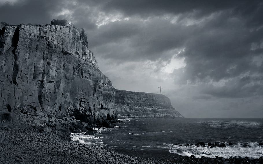 autumn, beach, black-and-white, blue, cliff, clouds, coast, HD wallpaper