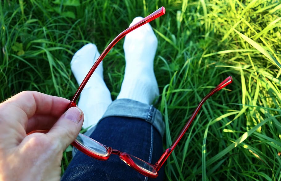 glasses, eyesight, reading, hand, frame, legs, feet, grass HD wallpaper