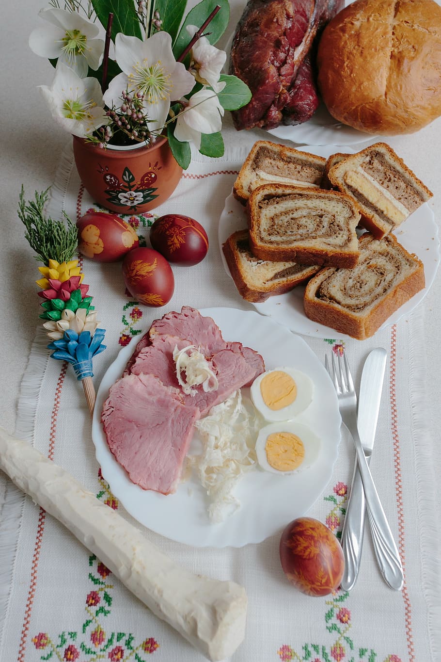 ham and hard-boiled egg on plate, easter, holidays, breakfast