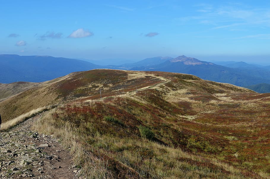 mountains, landscape, view, top view, tops, trail, the path HD wallpaper
