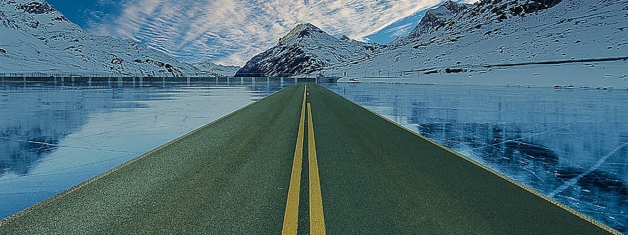 pathway in between body of water, road, ice, banner, header HD wallpaper