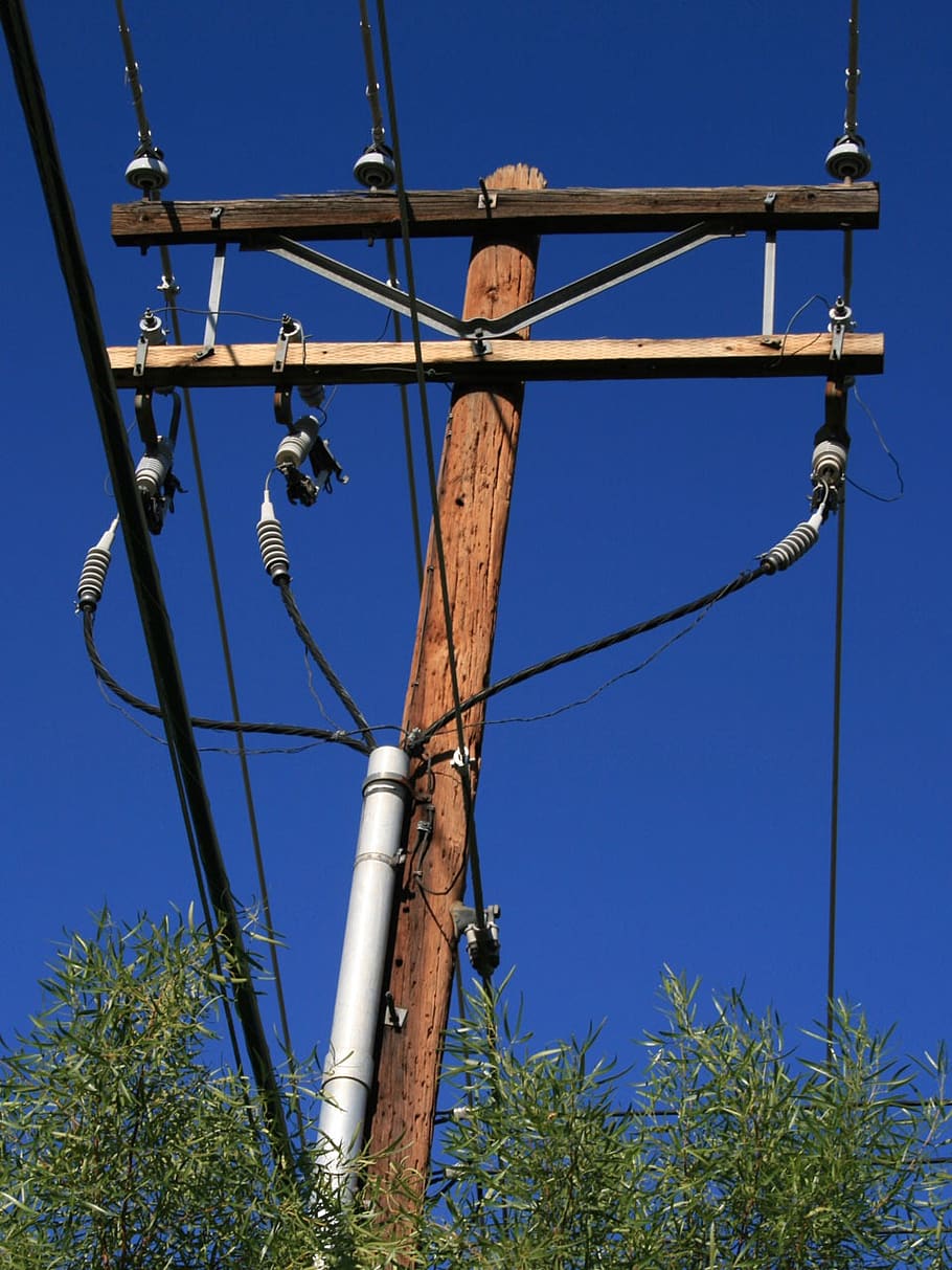 power, pole, electricity, cable, wire, current, utility, blue HD wallpaper