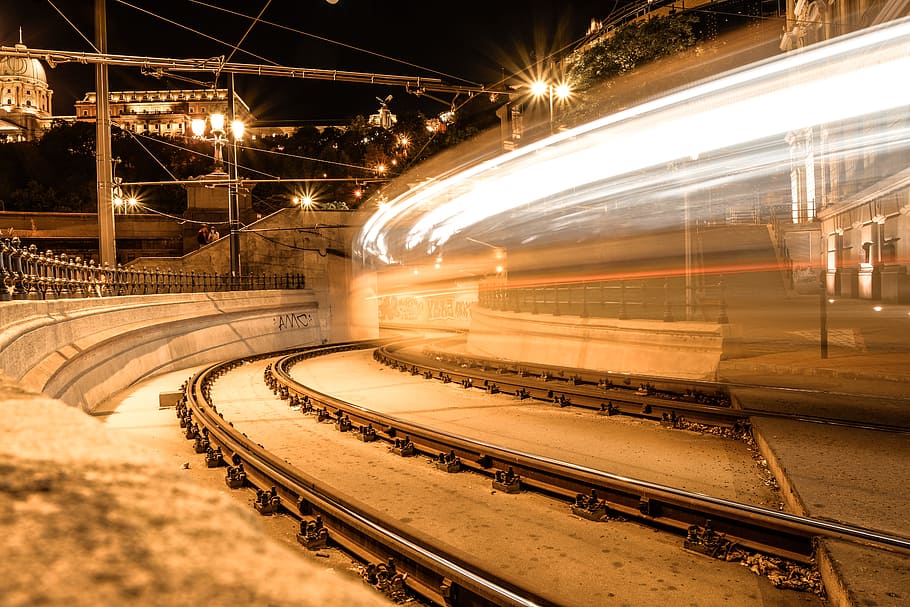 Time Lapse Photography of Train, blur, Budapest, building, business, HD wallpaper