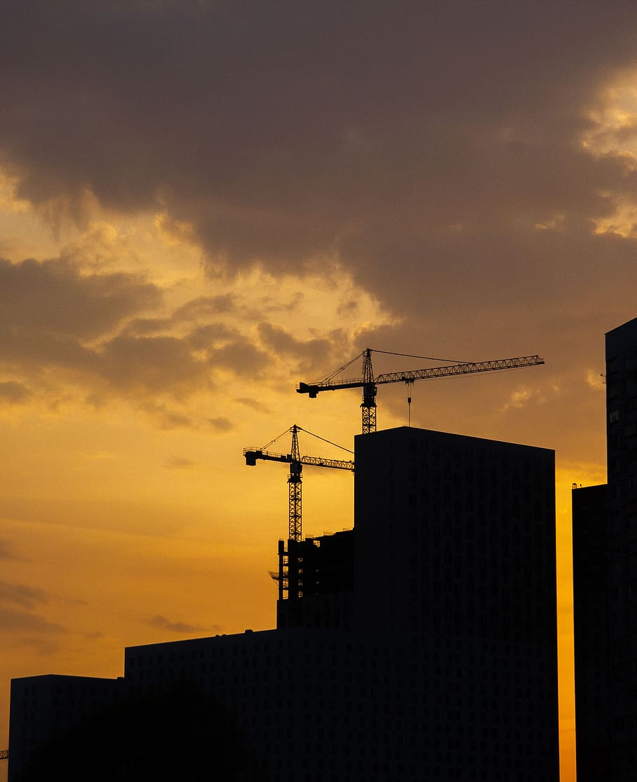 sunset, construction, at home, sky, clouds, orange, panorama HD wallpaper
