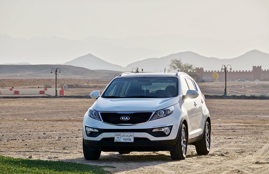 white Kia Sportage on sand, auto, desert, egypt, heat, car HD wallpaper