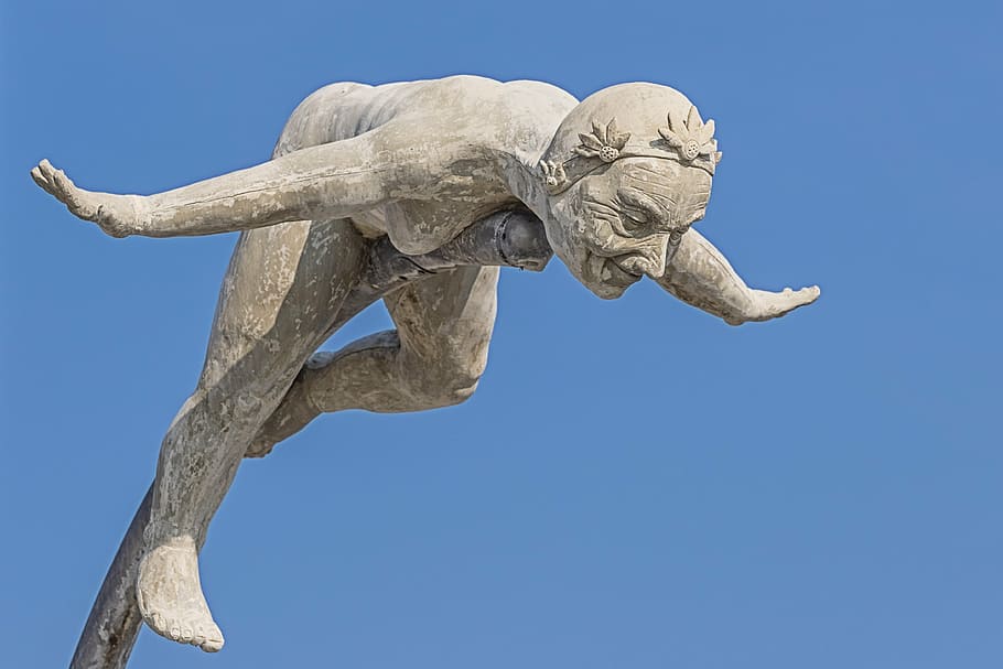 selective focus of concrete statue, angel, devil, dear, duality HD wallpaper