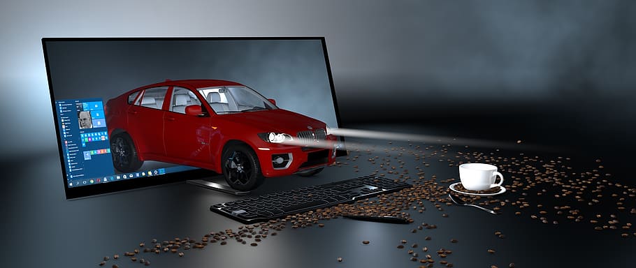red sedan coming out of computer monitor wallpaper, computer equipment HD wallpaper