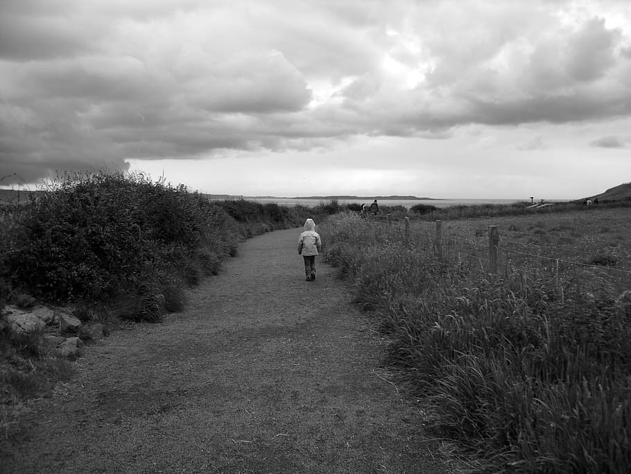 northern ireland, county antrim, girl, walking, path, sea, cloud - sky, HD wallpaper