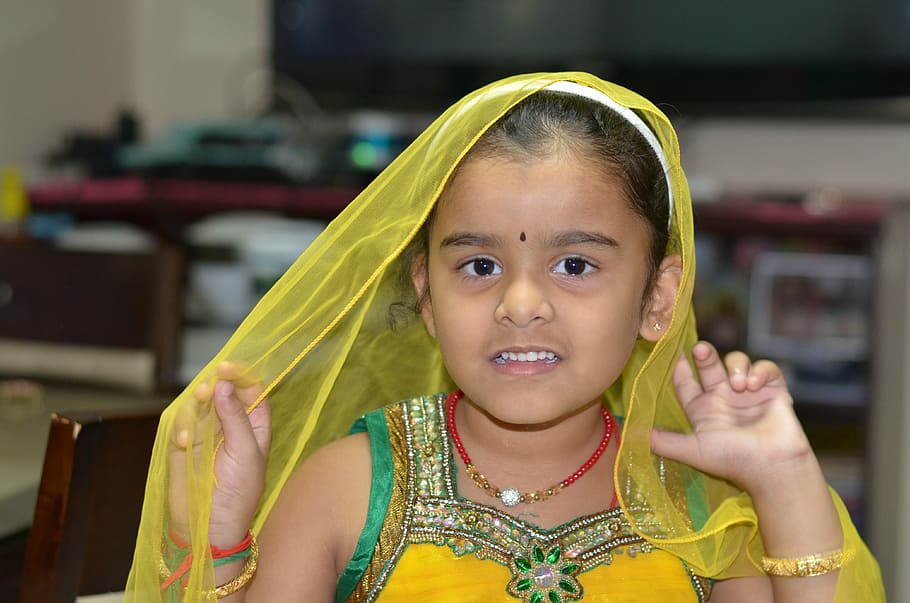 girl, child, saree, sari, yellow, indian, female, traditional dress