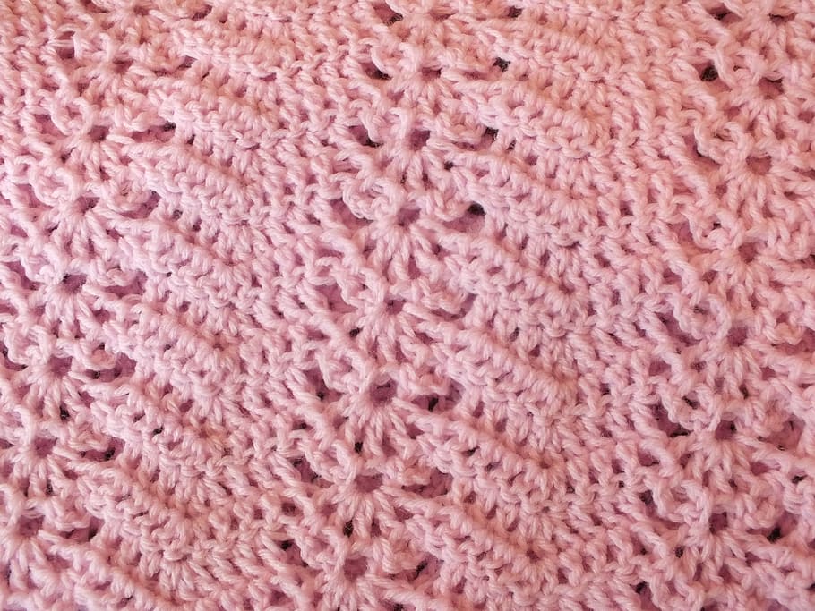pink knitted textile, yarn, crochet, blanket, afghan, stitching