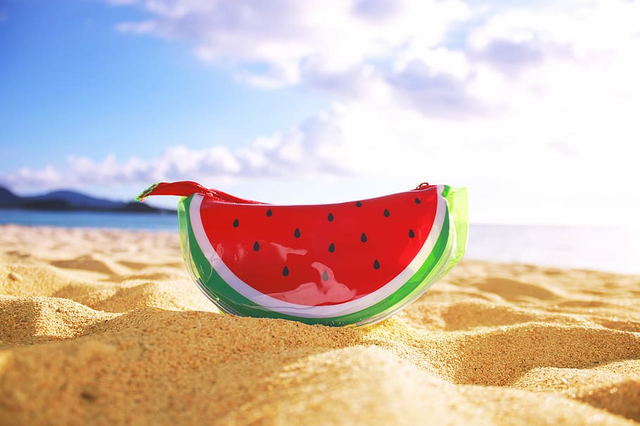 watermelon wristlet on brown sand, beach, summer, sea, vacations HD wallpaper