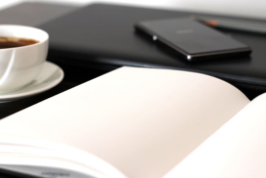 white opened book page, notebook, coffee, laptop, diary, paper HD wallpaper