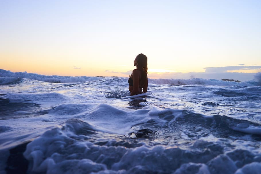 woman in ocean during daytime photography, sea, water, waves HD wallpaper