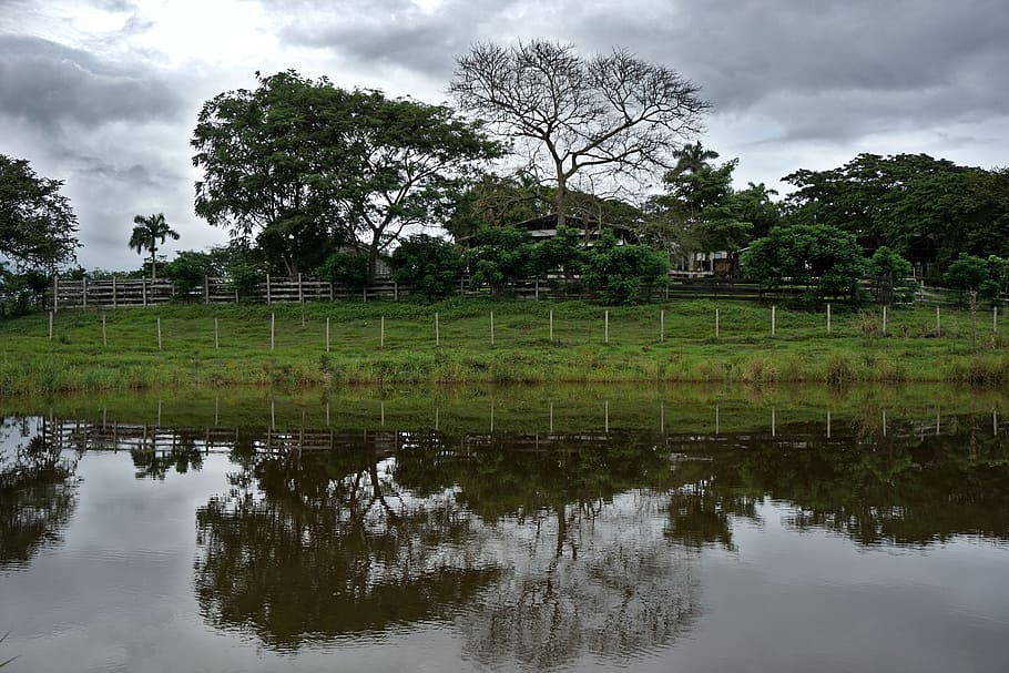 farm, pond, reflection, water, sky, lake, structure, fence HD wallpaper