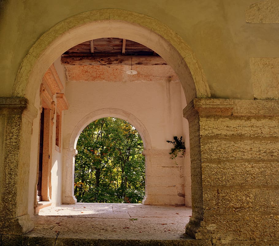 door, arc, trees, forest, stone, floor, the european path, e5 HD wallpaper