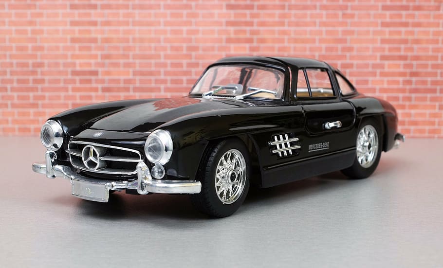 black Mercedes-Benz on parking area, model car, diorama, oldtimer, HD wallpaper