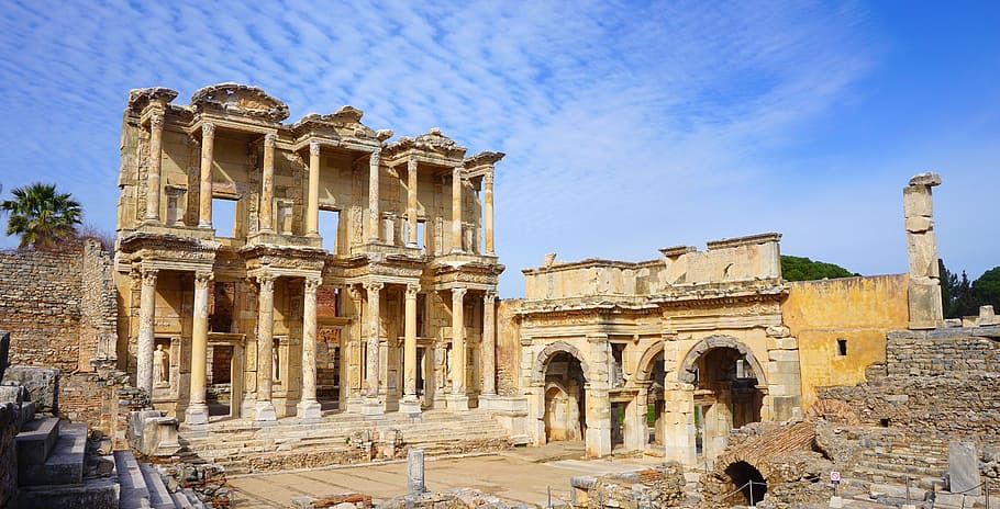 beige concrete ruins during daytime, celsus, efes, ephesus, izmir, HD wallpaper