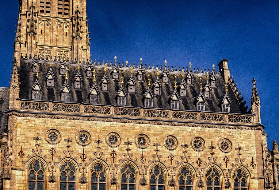 facade, town hall, architecture, building, france, arras, belfry, HD wallpaper