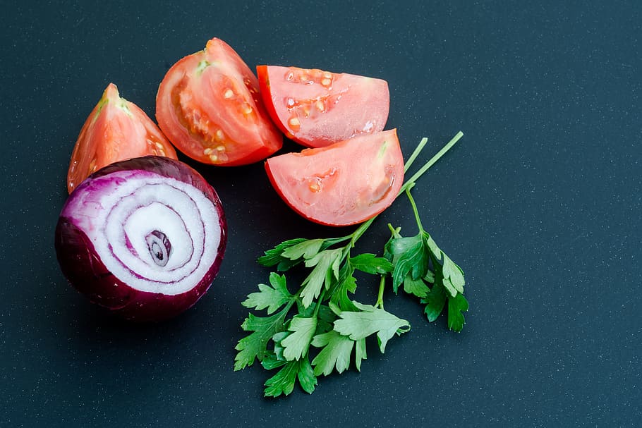 vegetables, onion, tomatoes, parsley, food, fresh, healthy HD wallpaper