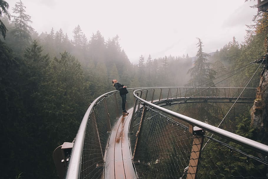 woman leaning on black metal hanging bridge, nature, forest, outdoors HD wallpaper