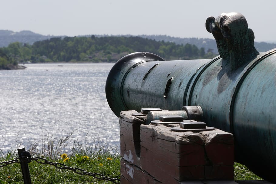 cannon, sea, old, metal, nature, day, water, no people, land HD wallpaper