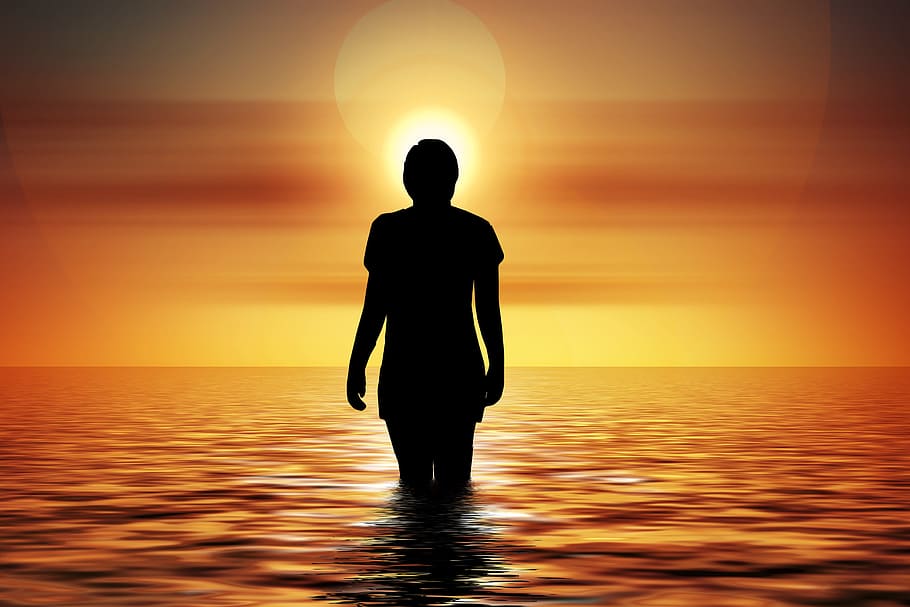 silhouette woman in calm body of water during sunset, swim, ritual, HD wallpaper