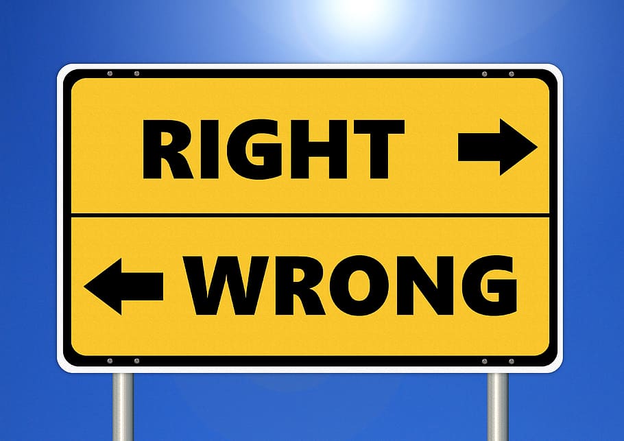 yellow and black Right Wrong road signage, ethics, ethical, moral, HD wallpaper