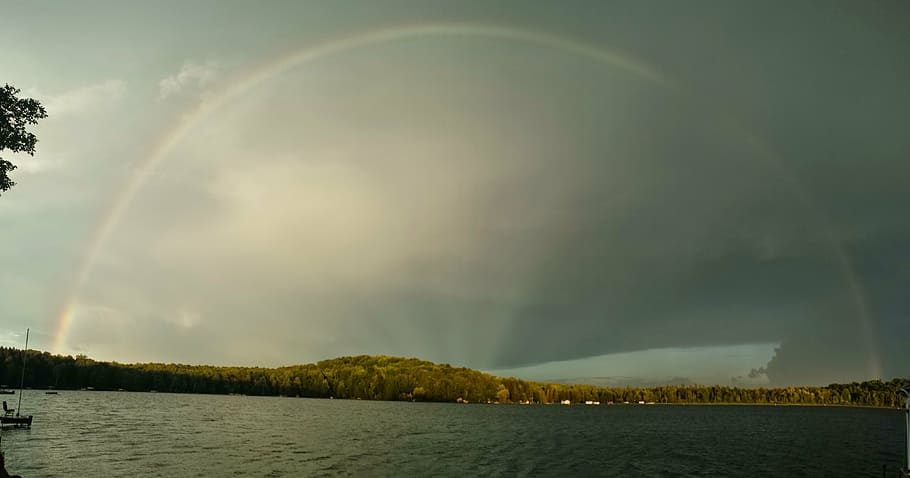 rainbow, lake, arch, beauty in nature, sky, scenics - nature HD wallpaper