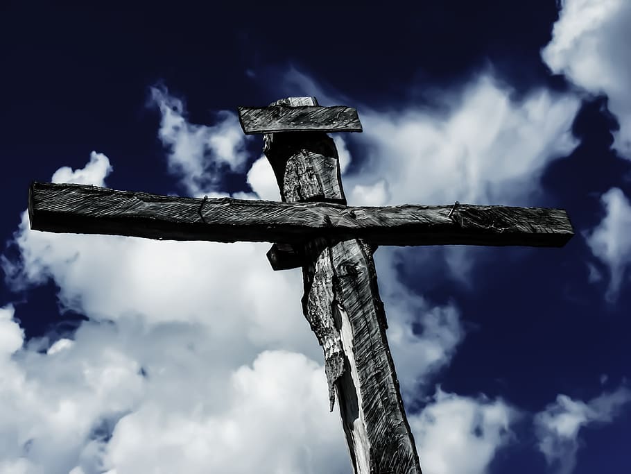 low angle view of gray cross, sky, cloud, crucifixion, christ