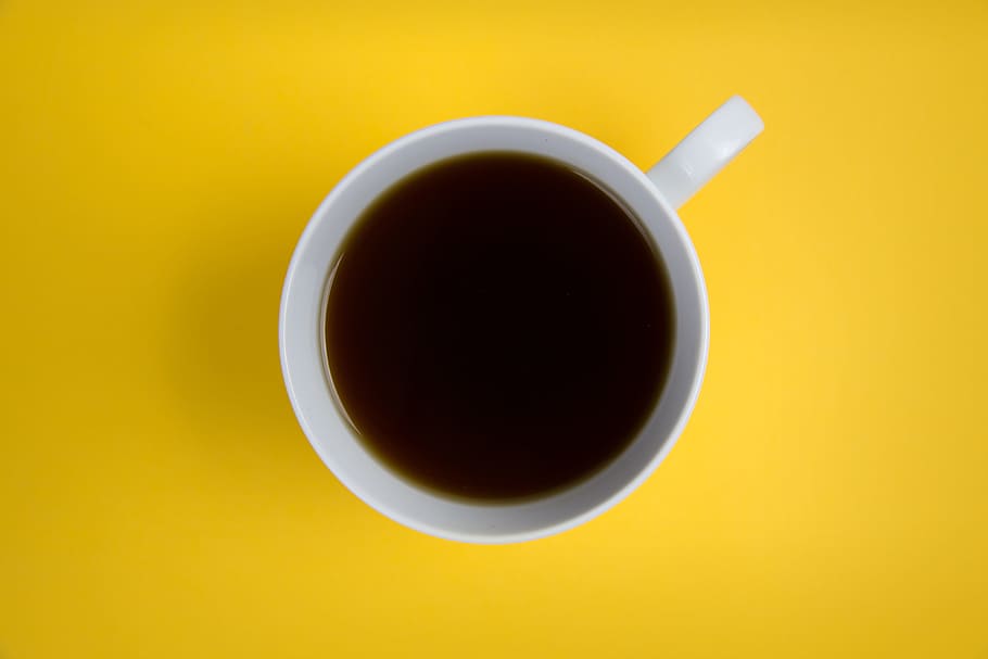 white ceramic mug, coffee, overhead, minimal, yellow, cup, drink HD wallpaper
