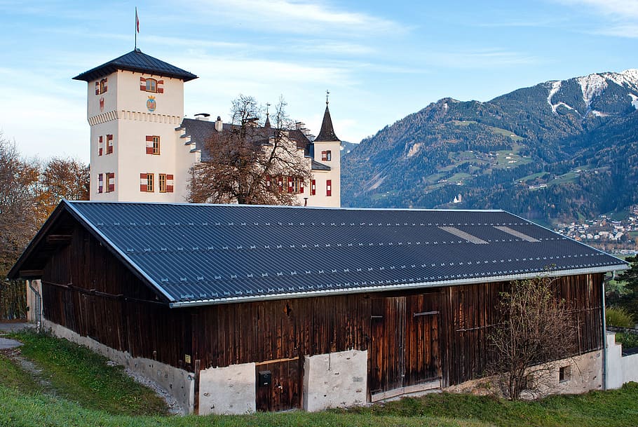vomp, austria, landscape, scenic, mountains, barn, building HD wallpaper