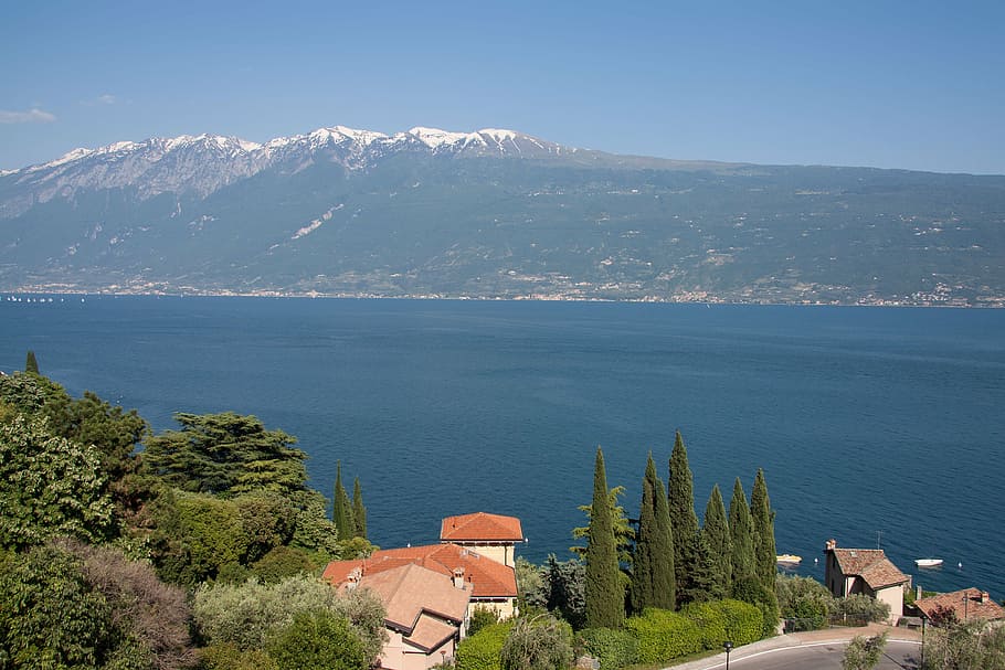 garda, lake, mountains, villa, cypress, good view, alpine, lombardy, HD wallpaper