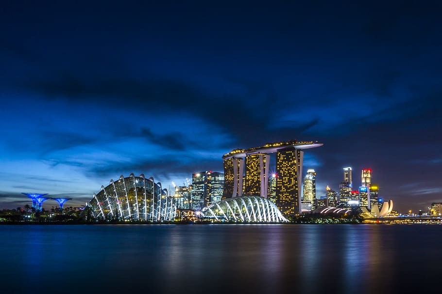 San Marina Bay, Singapore, Singapore at Night, skyscraper, skyline, HD wallpaper