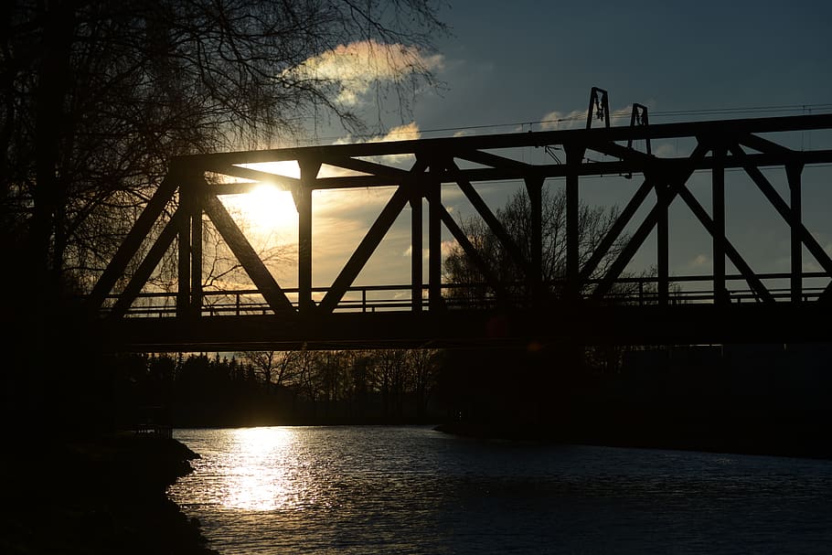 bridge, waters, river, sky, horizontal, industry, steel, sunset HD wallpaper