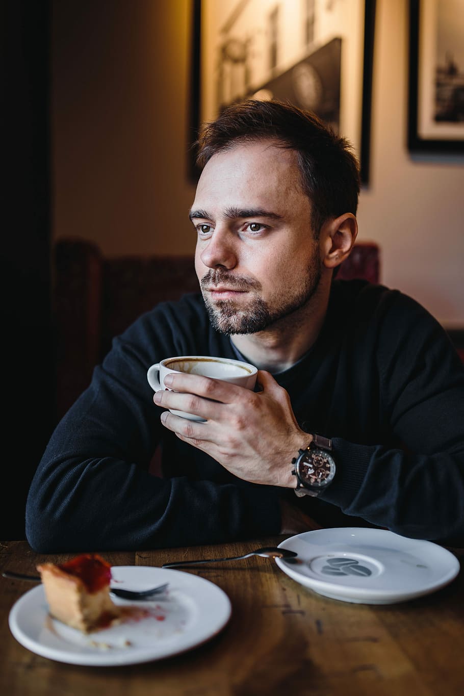 Young Elegantly dressed man sititng in a cafe, caucasian, interior HD wallpaper