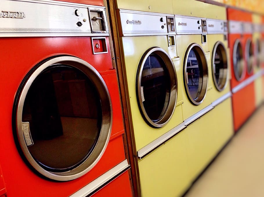 HD wallpaper: red and yellow front-load washing machines, laundromat, washer - Wallpaper Flare