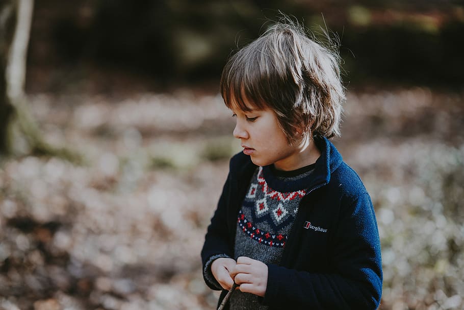 Boy outdoors, boy walking on brown leaves, child, coat, sweater HD wallpaper