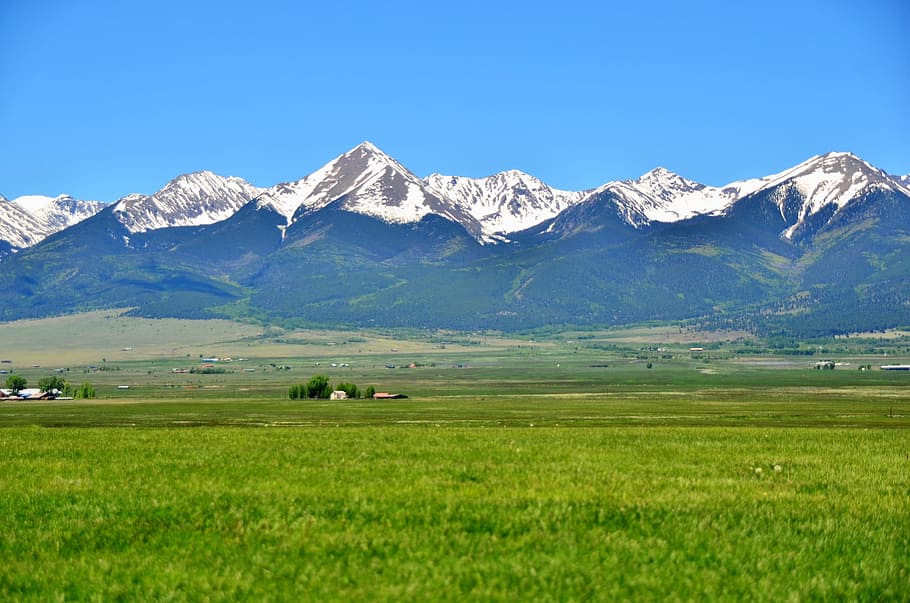mountains, range, sky, meadow, landscape, nature, peak, snow HD wallpaper