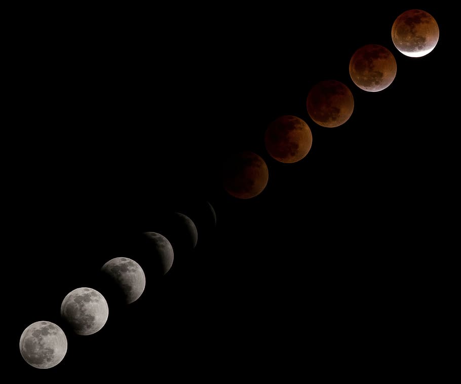 moon illustration, blood moon, lunar eclipse, sequence, phases