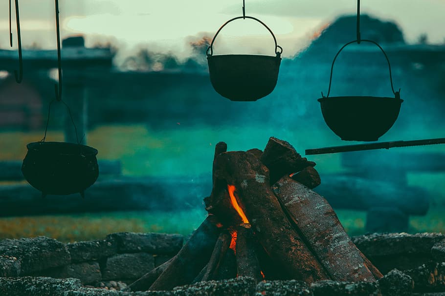 Hd Wallpaper Three Hanging Pots Black Cooking Pot Under Firewood