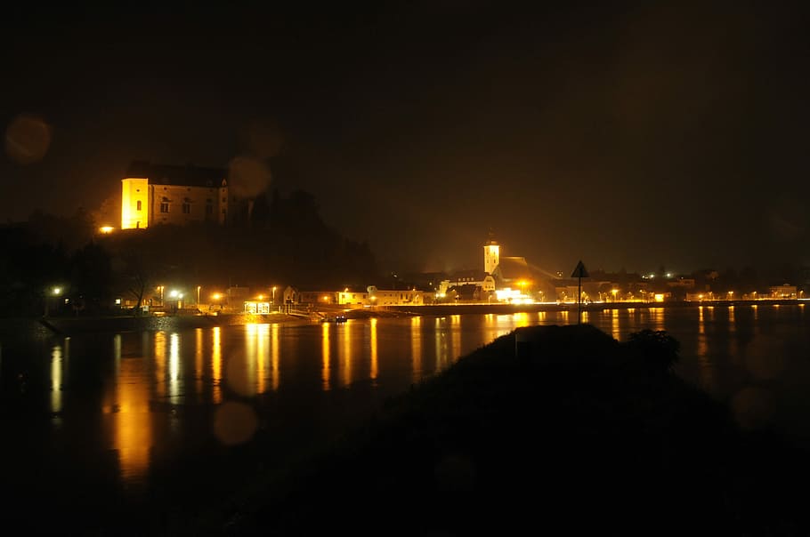 Grein, Danube, Water, River, Mirroring, dark, reflection, lights HD wallpaper