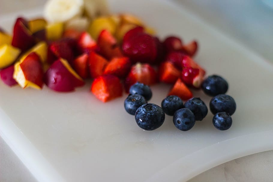 apple, strawberry, and blueberry, assorted, fruits, top, white HD wallpaper