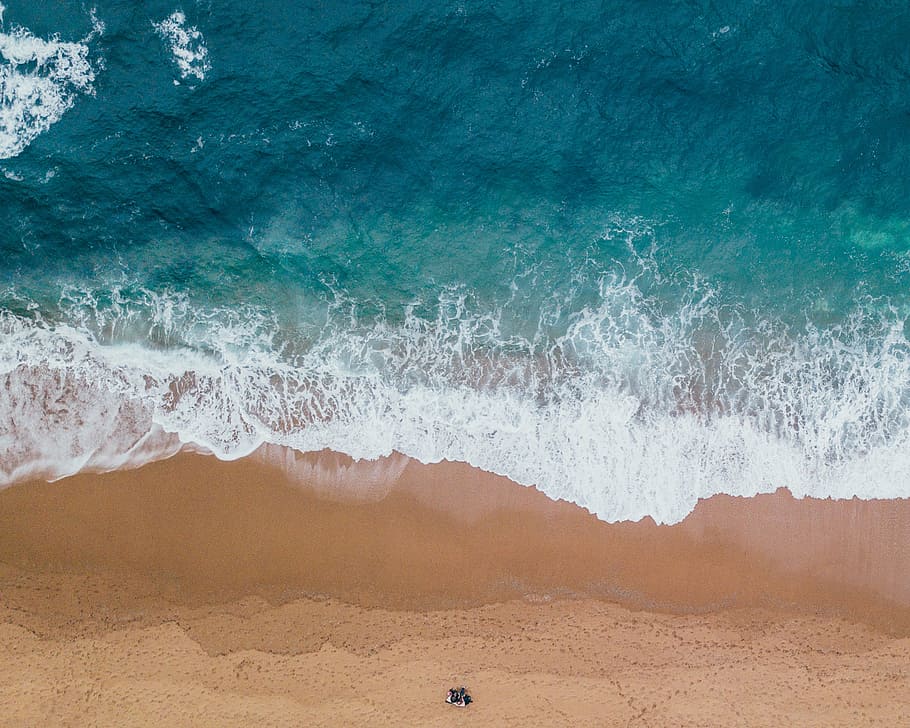 overview of a sea with waves, beach, sand, summer, coastline HD wallpaper