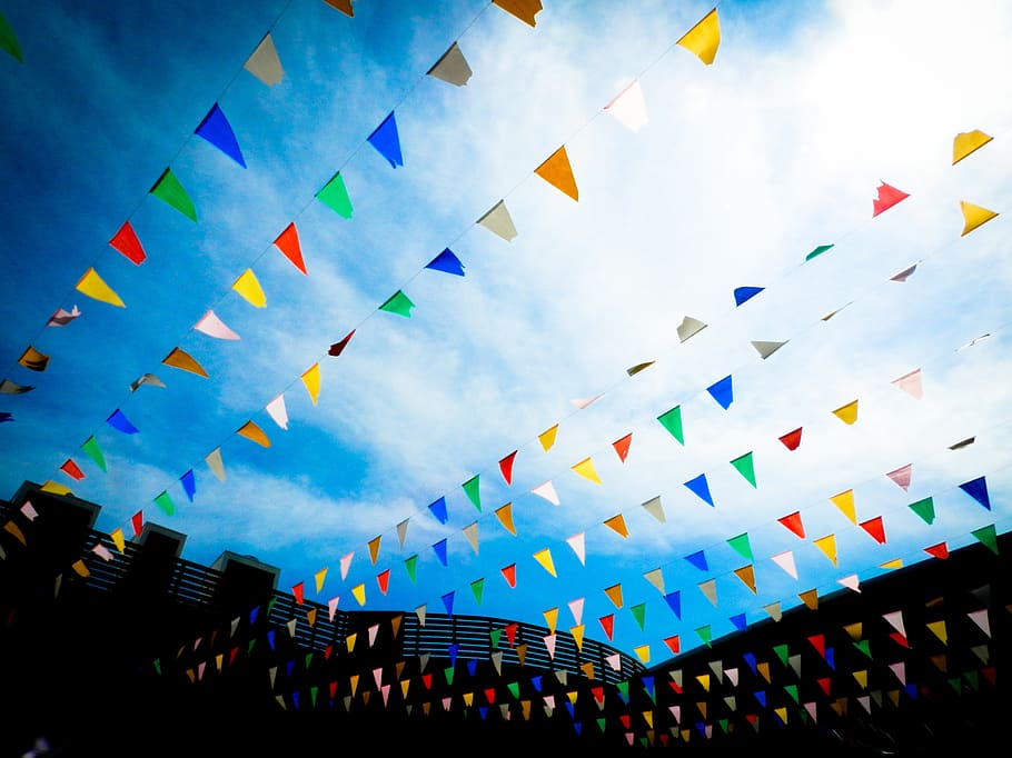 hanged assorted-color buntings, sky, blue, flag, colorful, cloud HD wallpaper