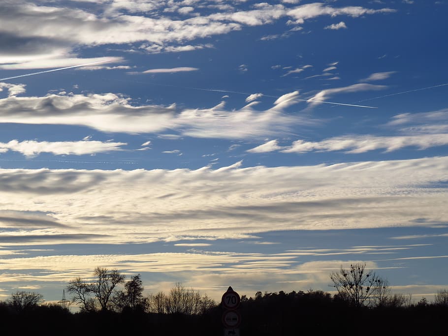 sky, clouds, blue, contrail, clear, sunny, beautiful, warm HD wallpaper