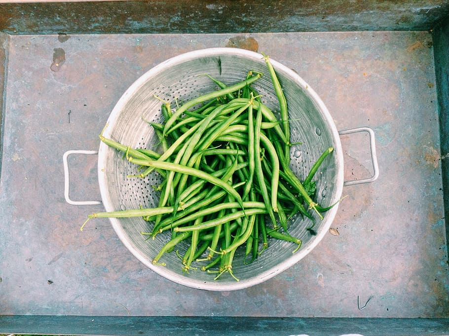 bunch of string beans on strainer, green beans, vegetable, food HD wallpaper