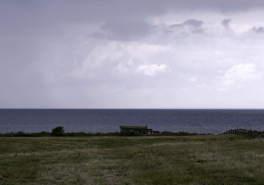 house, sea, field, cloud, landscapes, views, sweden, sky, horizon HD wallpaper