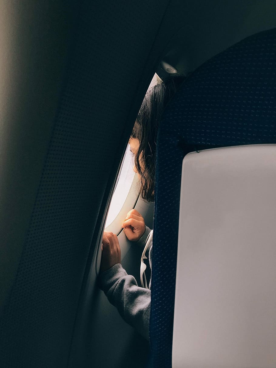 girl looking on airplane window, aircraft, child, cute, one person HD wallpaper