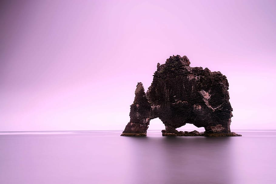 rock formation on body of water, iceland, crag, sea, ocean, sunset, HD wallpaper