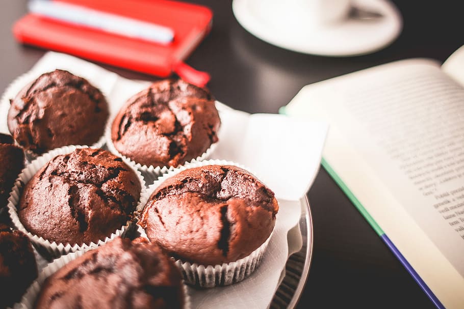 Sweet Muffins with A Book, books, breakfast, cafe, diary, morning HD wallpaper